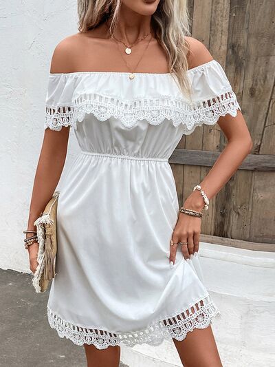 Sunset Vacation  Ruched Lace Detail Off-Shoulder Dress Sunset and Swim White S 