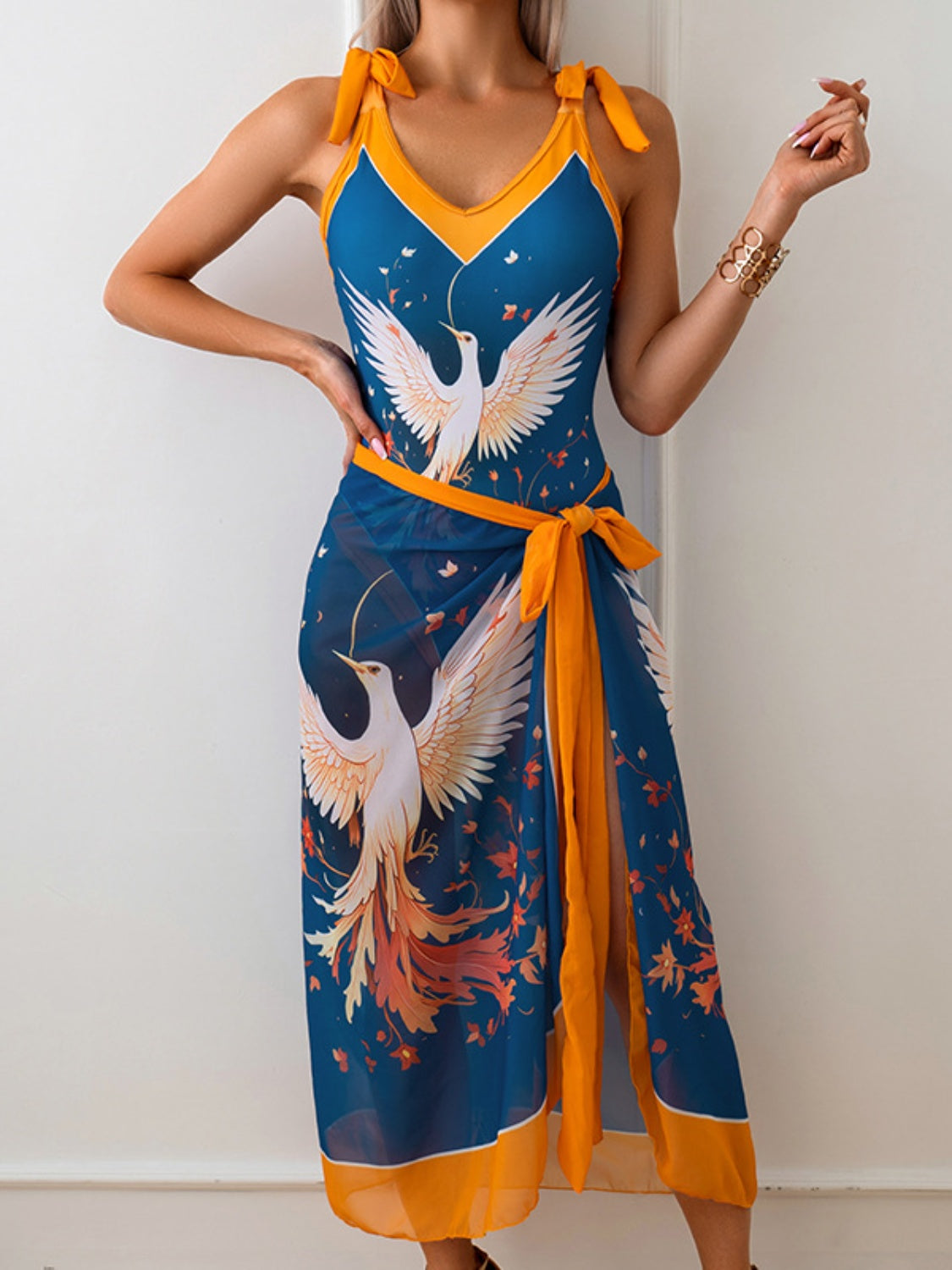 Sunset Vacation  Printed V-Neck Tie Shoulder Swimwear and Skirt Set Sunset and Swim Peacock  Blue S 