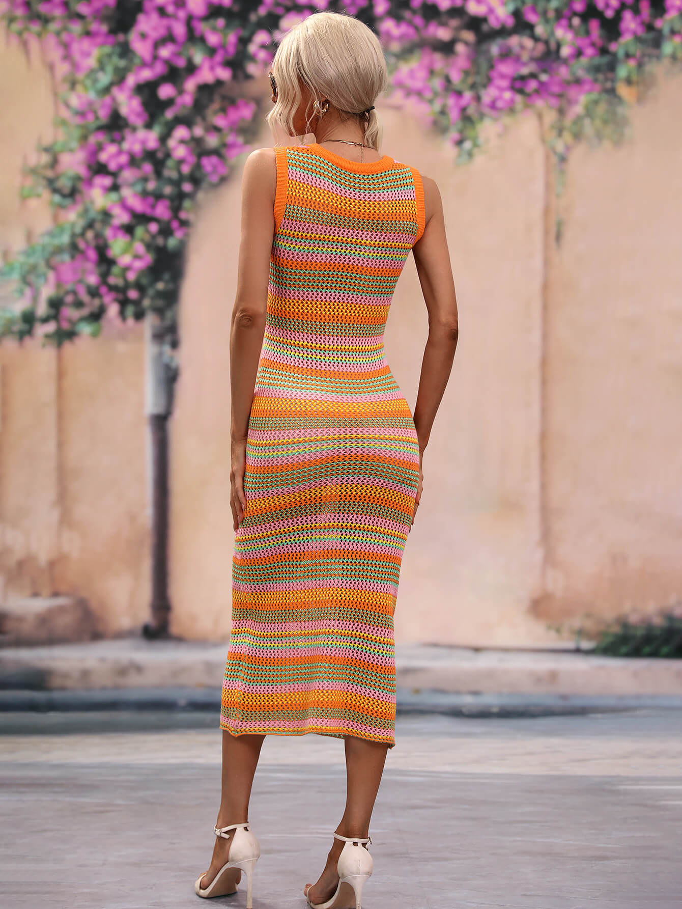 Michalina Striped Round Neck Sleeveless Midi Crochet Swimsuit Cover Up Dress  Sunset and Swim   