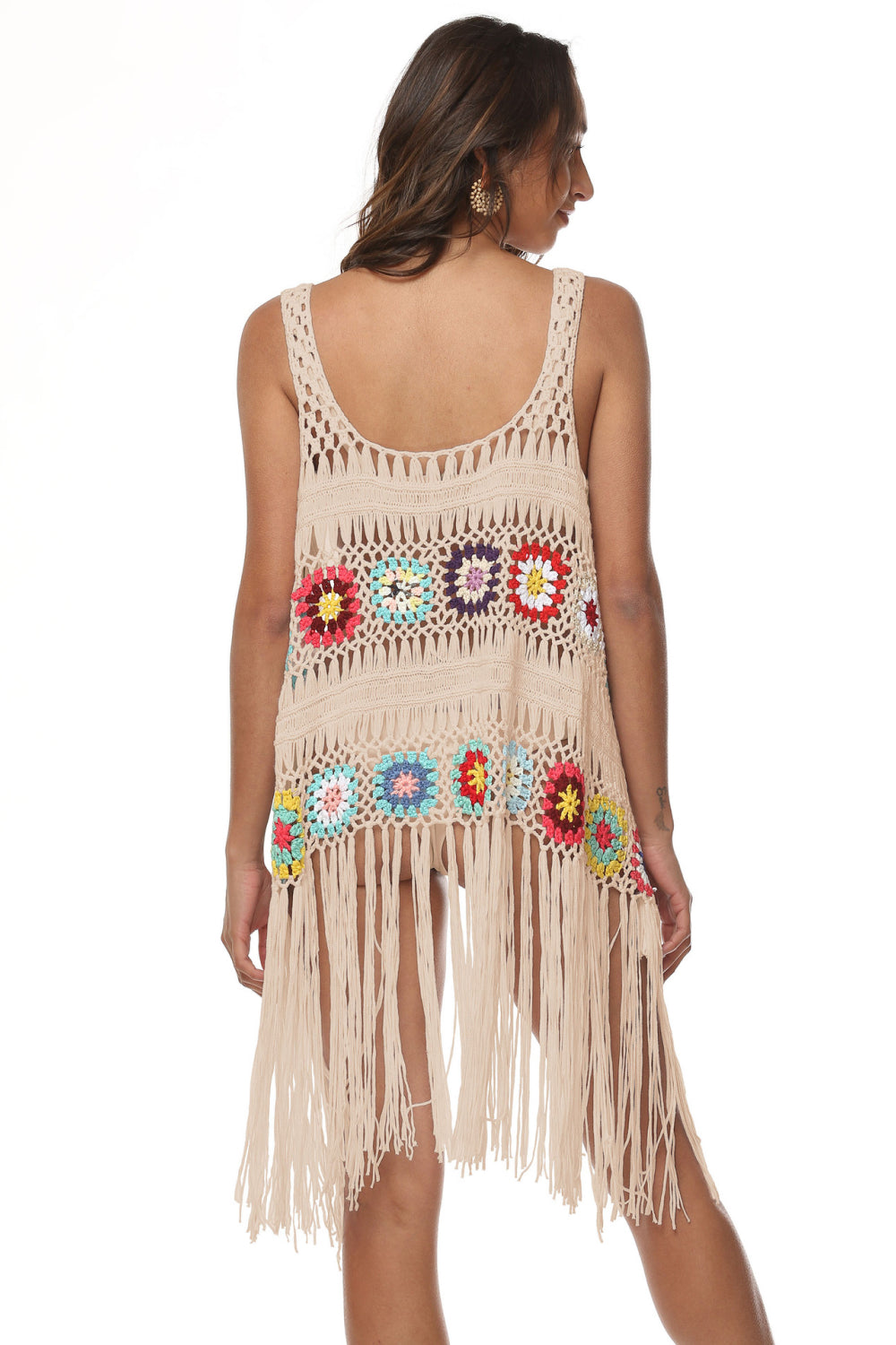 Openwork Fringe Detail Embroidery Sleeveless Cover-Up  Sunset and Swim   