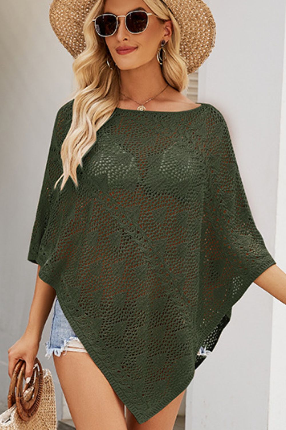 Sunset Vacation  Openwork Boat Neck Shawl Cover Up  Sunset and Swim   