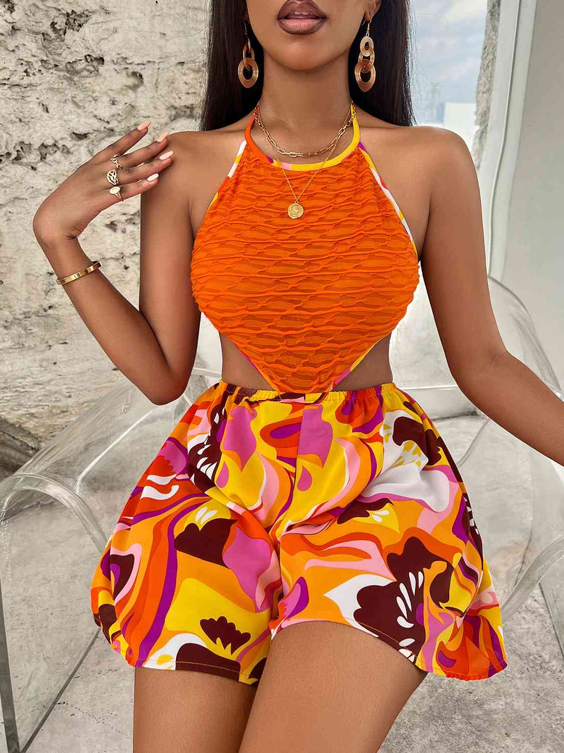 Sleeveless Cutout Printed Mini Dress Sunset and Swim   