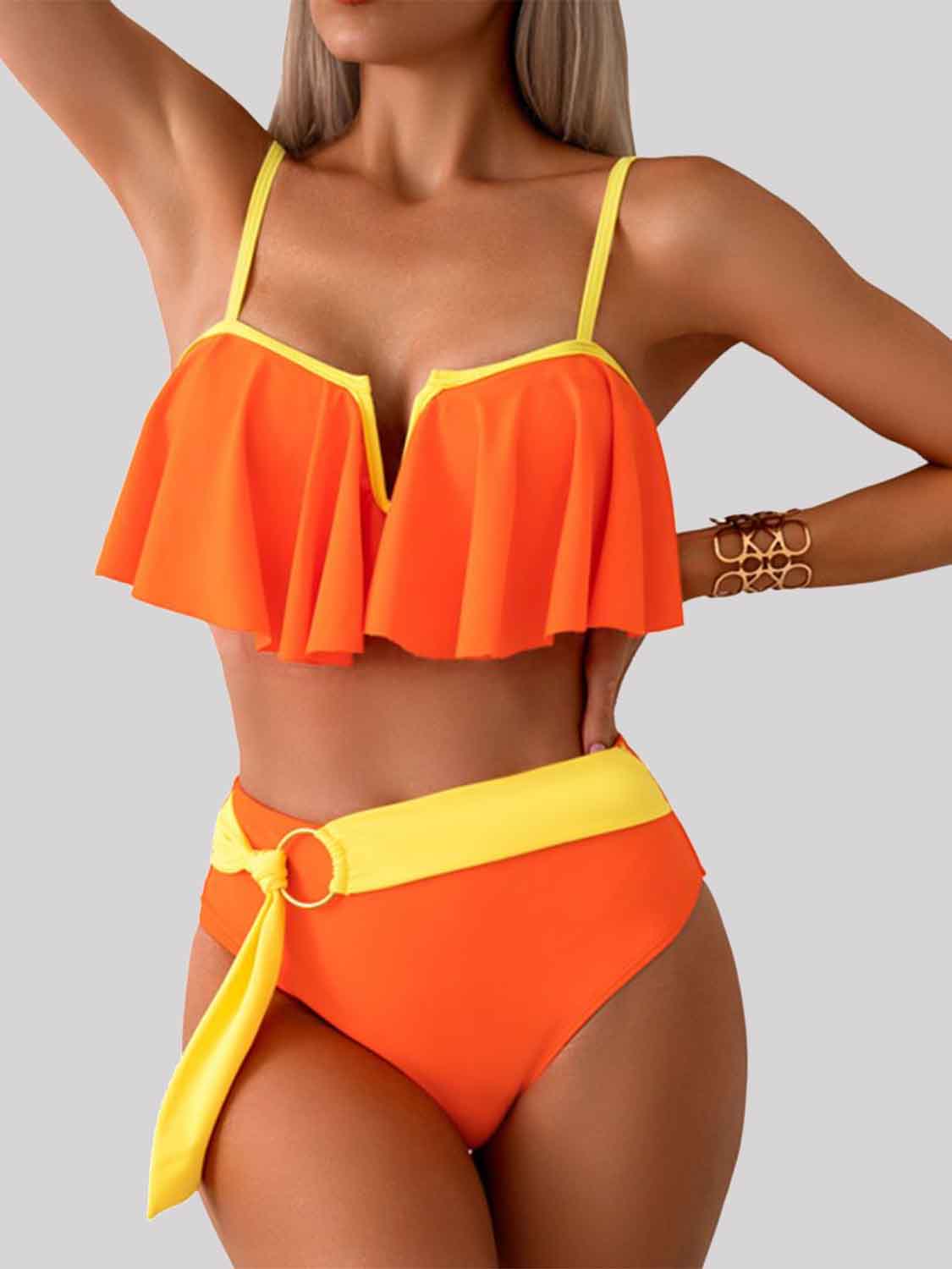 Sunset Vacation  Spaghetti Strap Notched Bikini Set Sunset and Swim Orange S 