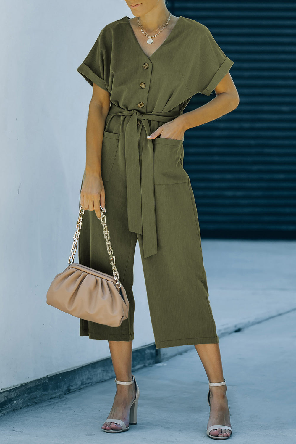 Tie-Waist Buttoned Cropped Jumpsuit  Sunset and Swim Moss S 