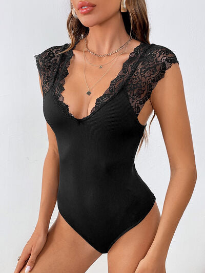 Lace Detail V-Neck Sleeveless Bodysuit  Sunset and Swim Black S 