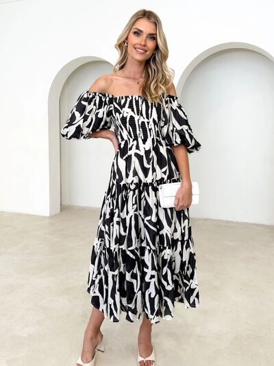 Printed Smocked Off-Shoulder Tiered Dress Sunset and Swim Black S 