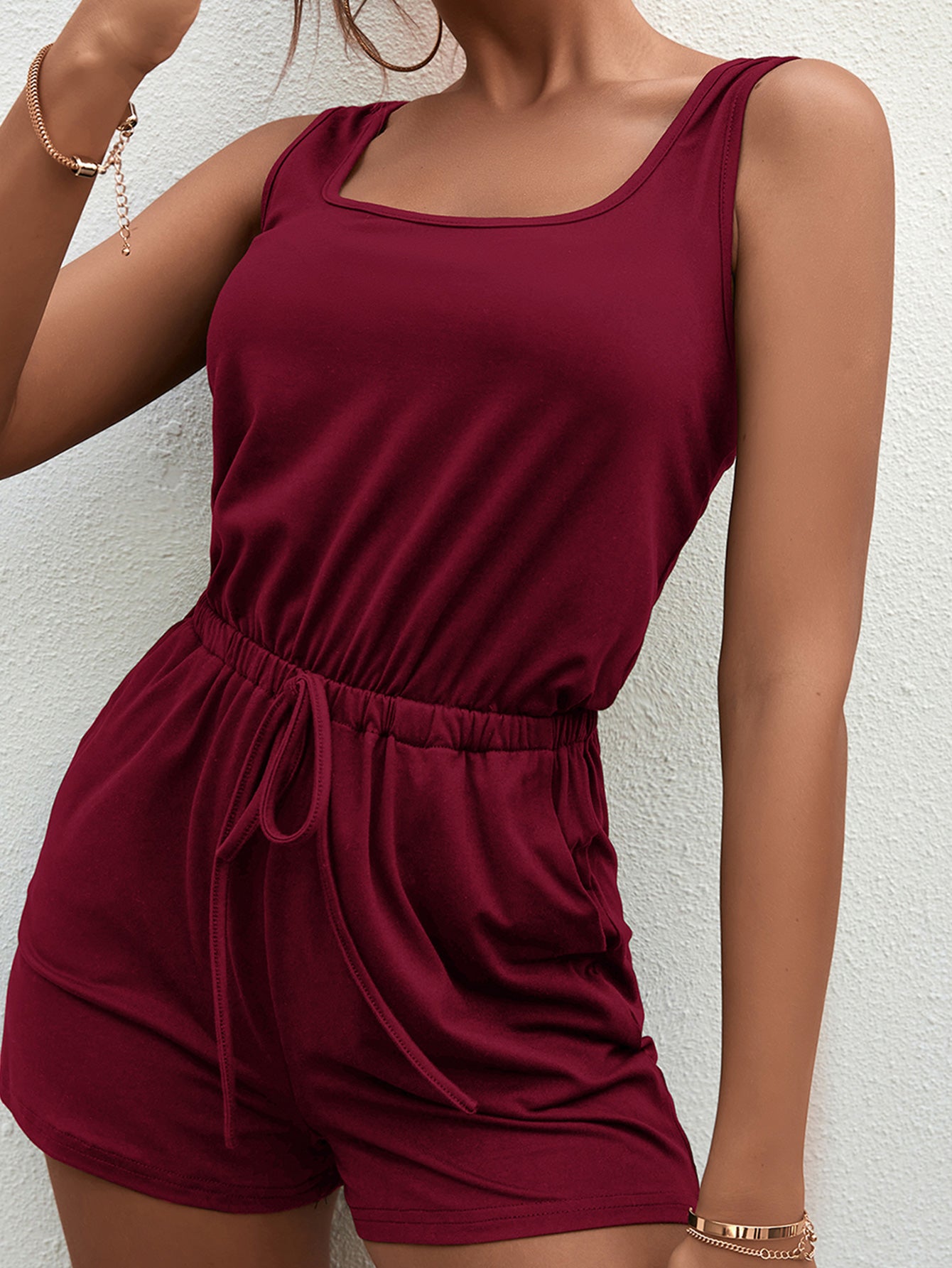 Square Neck Sleeveless Romper with Pockets  Sunset and Swim   