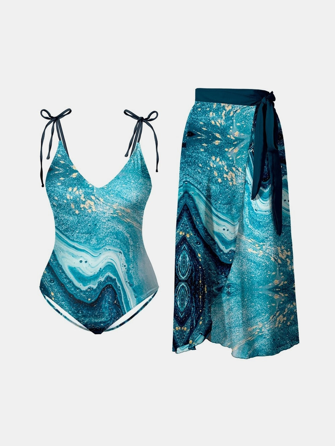 Sunset VCAY  Printed Tie Shoulder Swimwear and Skirt Swim Set Sunset and Swim Turquoise S 