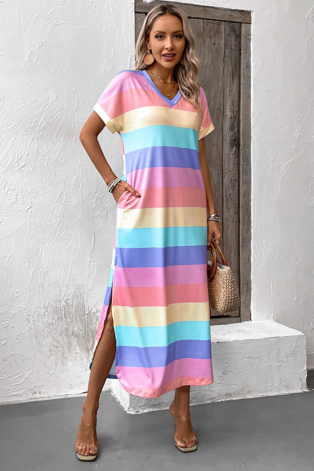 Color Block V-Neck Short Sleeve Slit Dress with Pockets  Sunset and Swim Multicolor S 