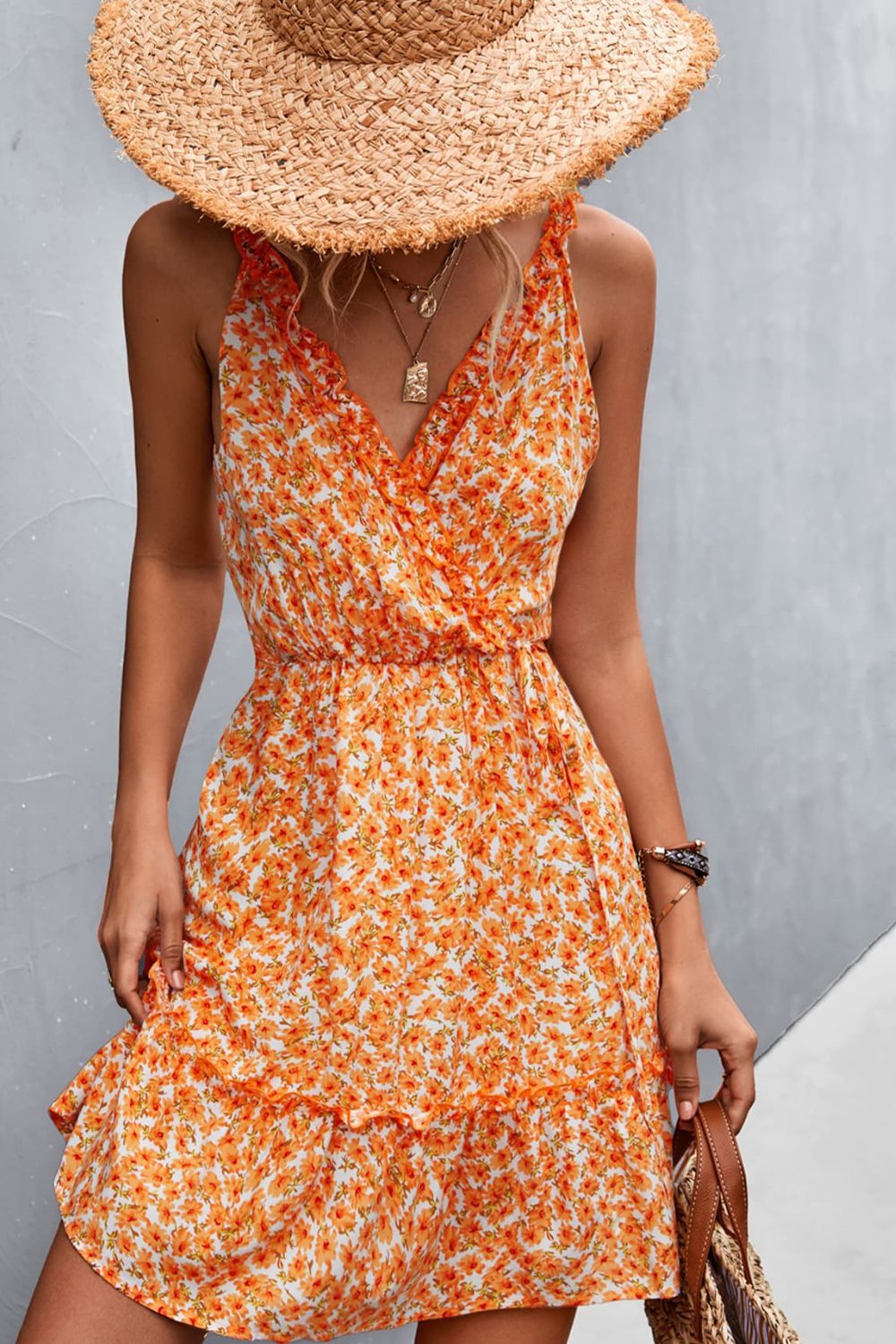 Floral Frill Trim Sleeveless Mini Dress  Sunset and Swim Tangerine S 