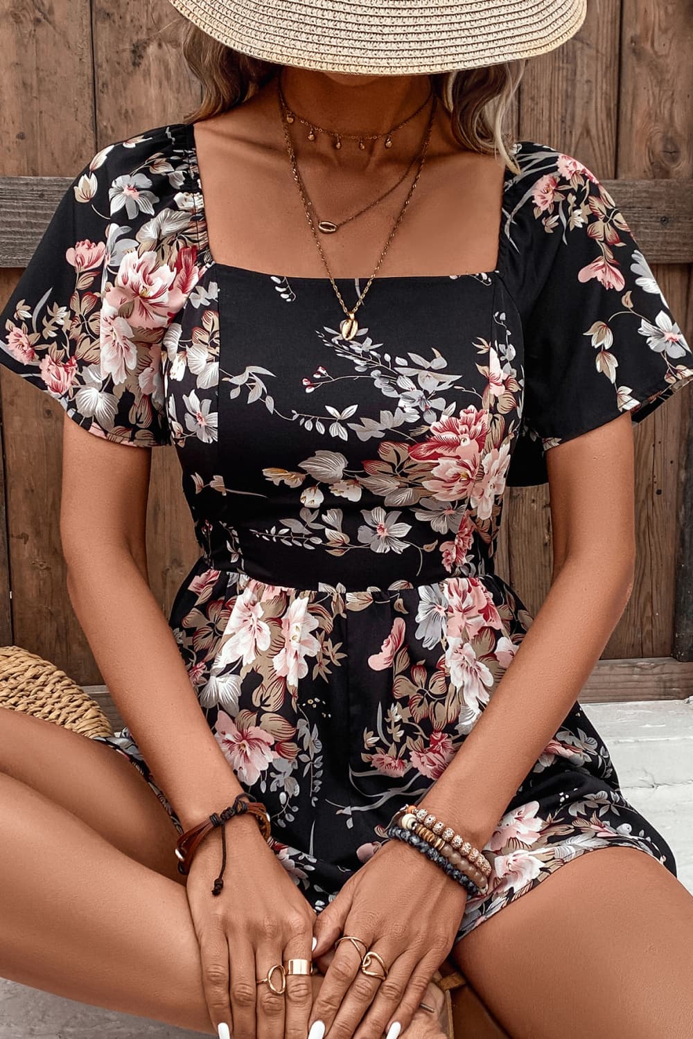 Floral Cutout Tie Back Romper  Sunset and Swim   