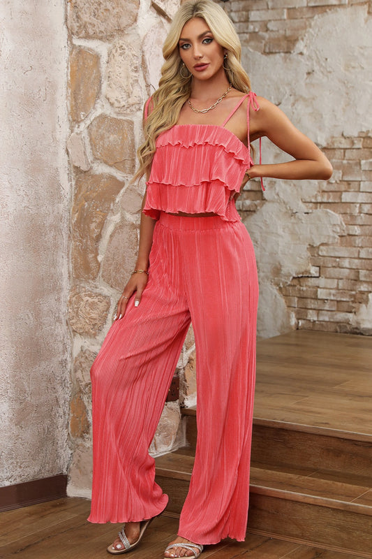 Sunset Vacation  Layered Tie Shoulder Top and Wide Leg Pants Set Sunset and Swim   
