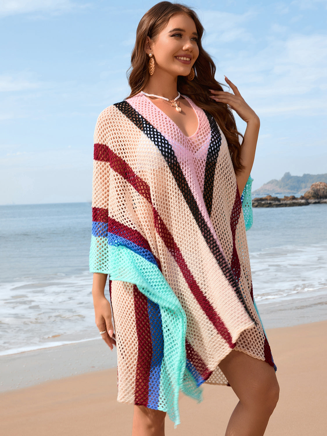 Sunset Vacation  Openwork Color Block Plunge Cover-Up Sunset and Swim   