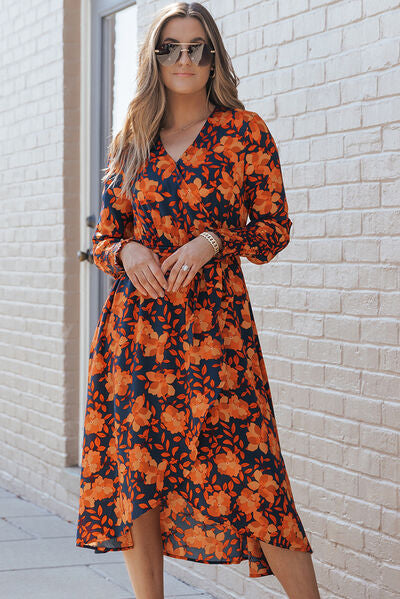 Printed Tie Front Smocked Long Sleeve Dress Sunset and Swim Pumpkin S 