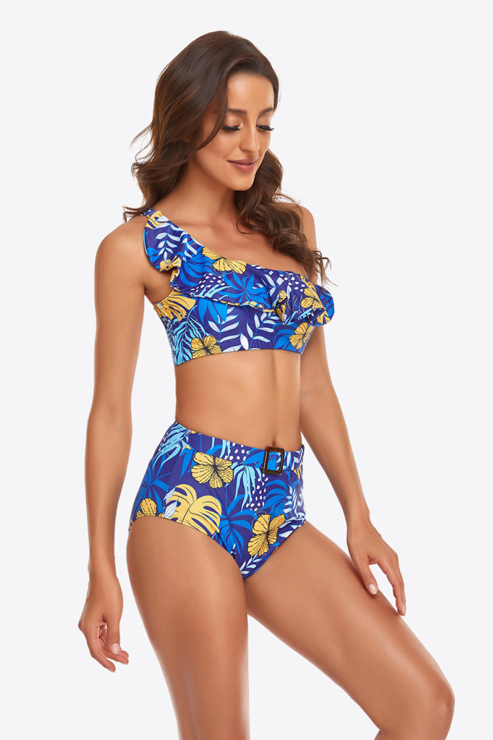 Ruffled One-Shoulder Buckled Bikini Set  Sunset and Swim   