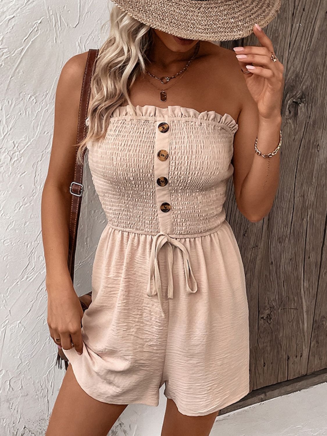 Decorative Button Smocked Strapless Romper  Sunset and Swim   