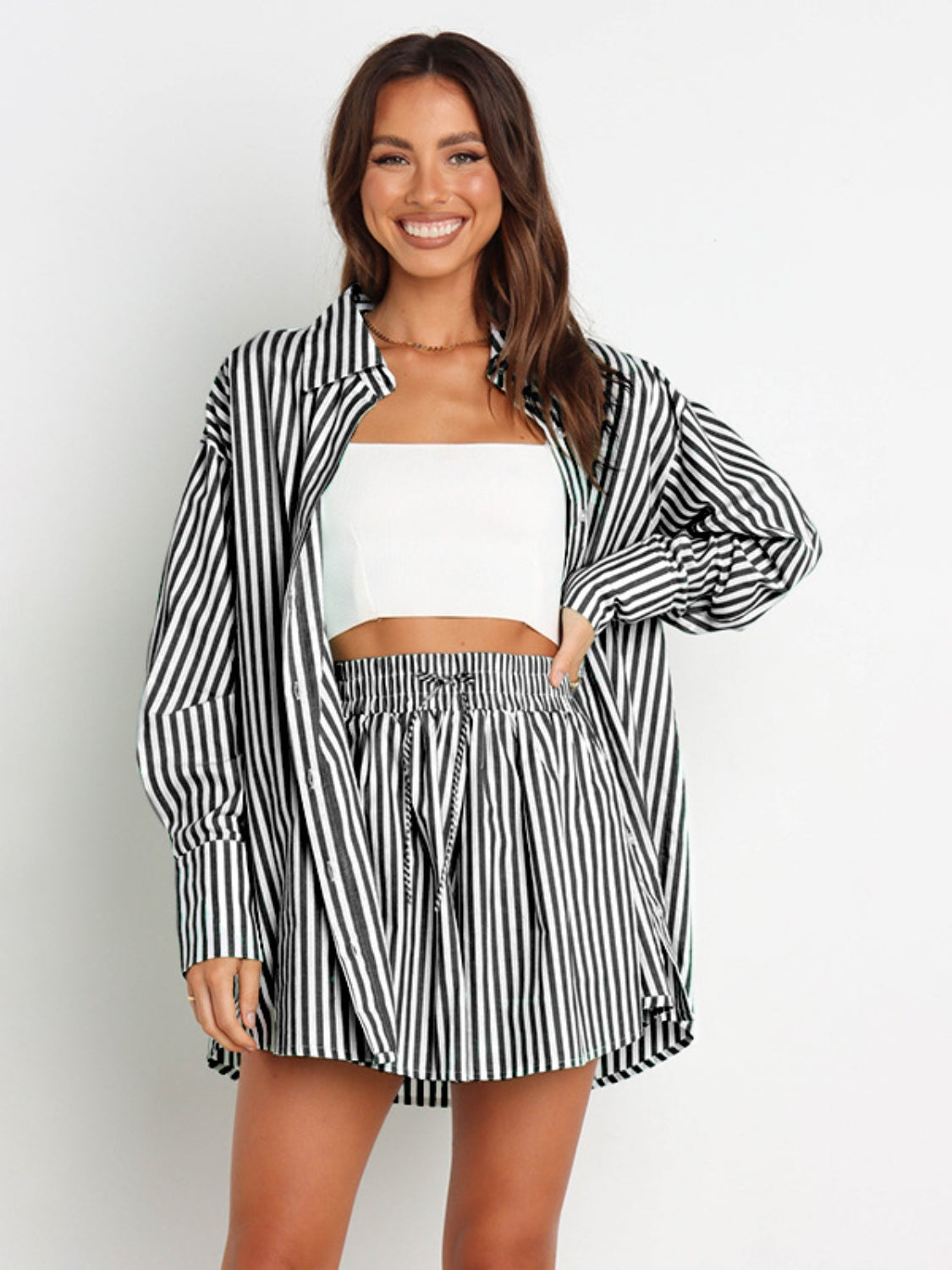 Sunset Vacation  Striped Dropped Shoulder Shirt and Shorts Set Sunset and Swim Black S 