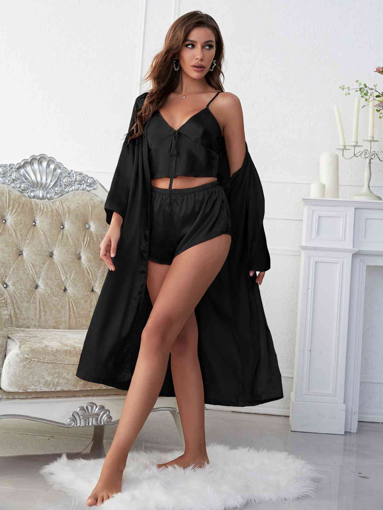 Satin V-Neck Cami, Shorts, and Belted Robe Pajama Set Sunset and Swim   