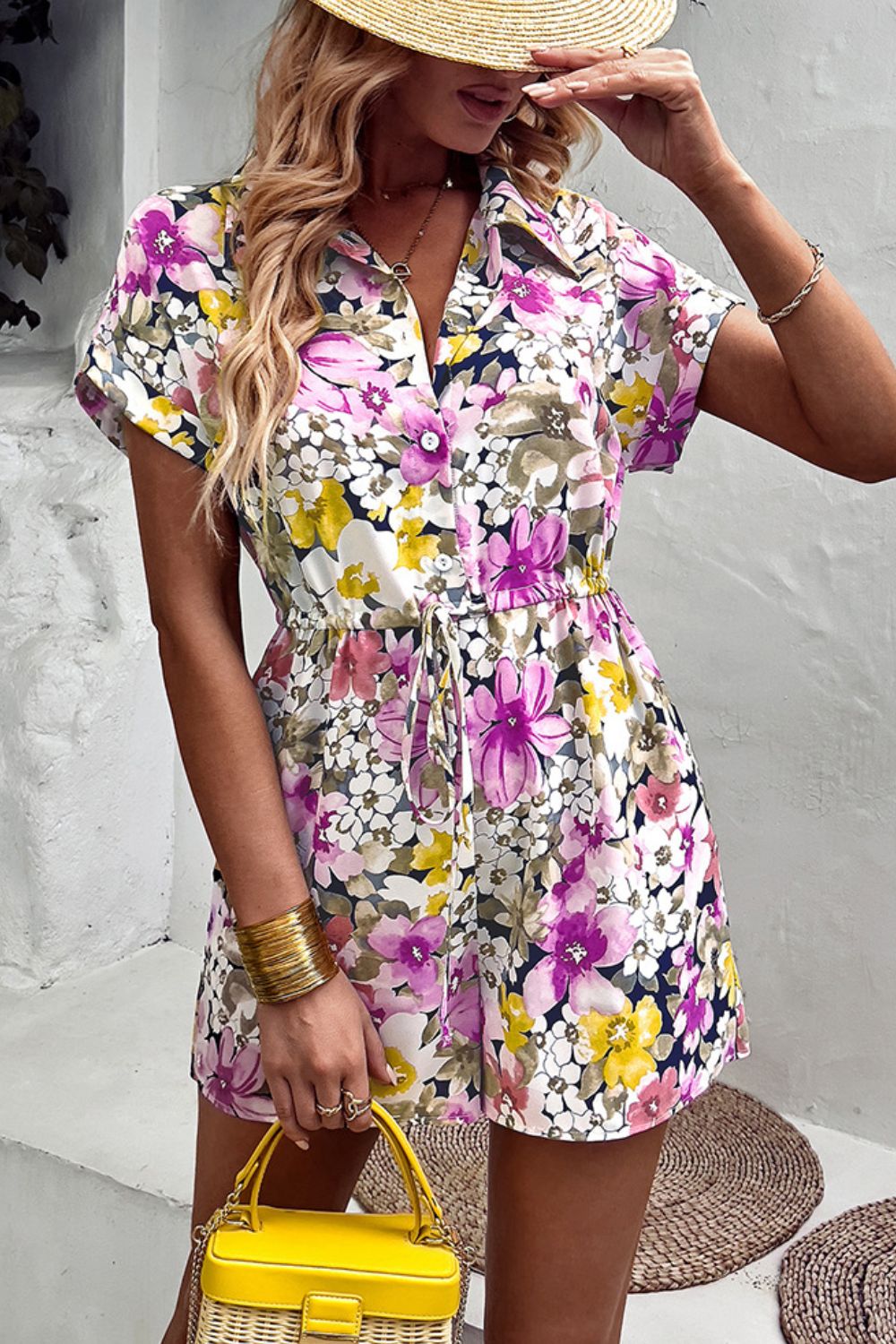 Floral Drawstring Lapel Collar Romper with Pockets Playsuit  Sunset and Swim   