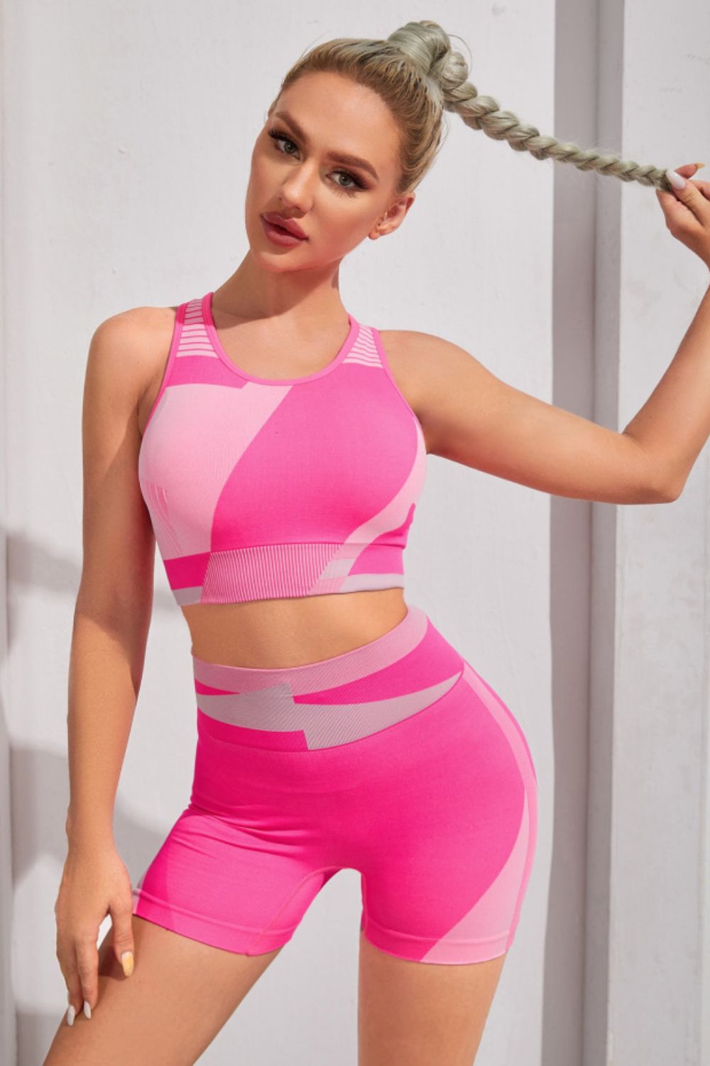 Color Block Sports Bra and Shorts Set Sunset and Swim Hot Pink S 