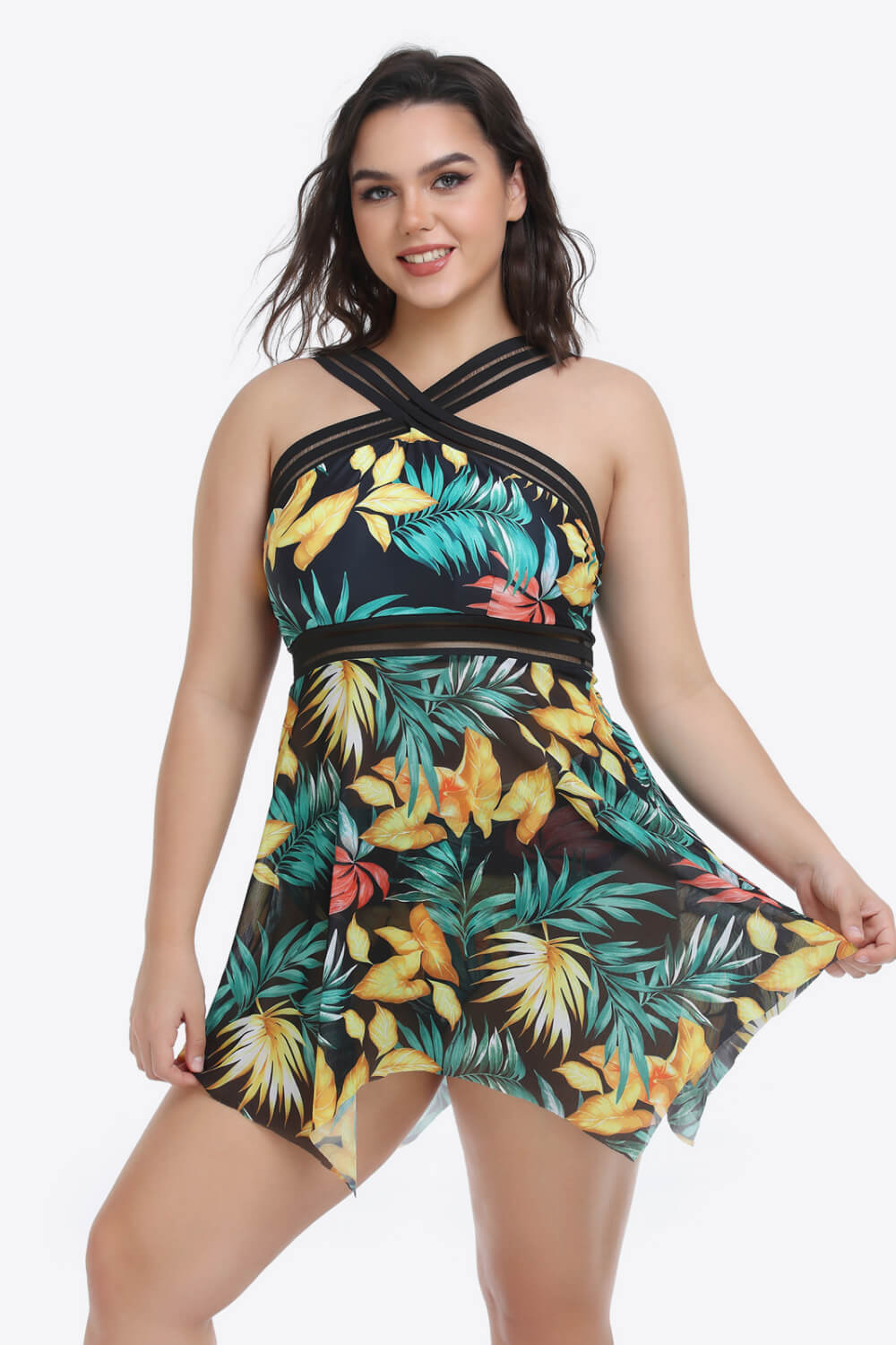Plus Size Handkerchief-Hem Swim Dress and Bottoms Set  Sunset and Swim Leaf 2XL 