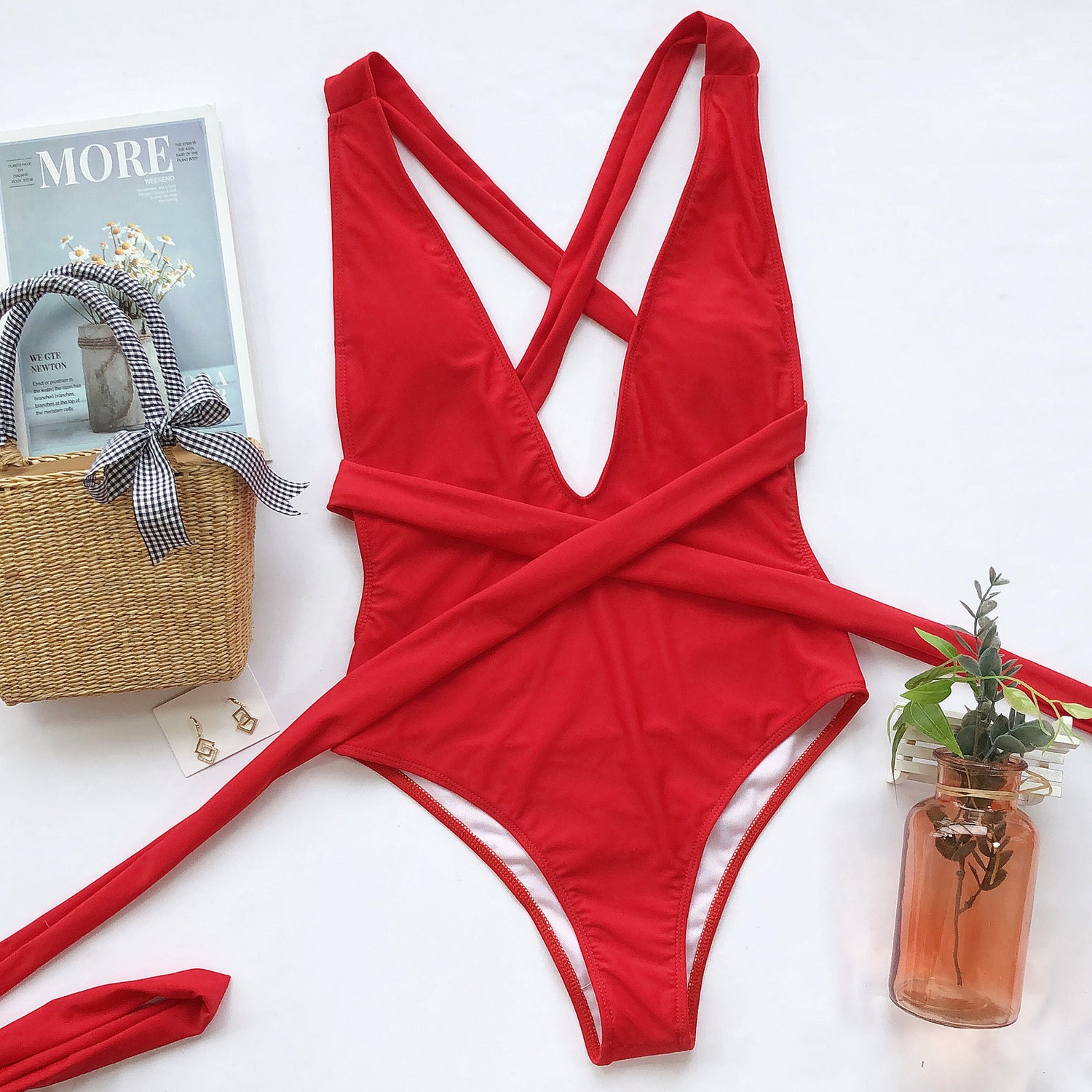 Halter Neck Deep V Tied One-Piece Swimsuit Sunset and Swim   