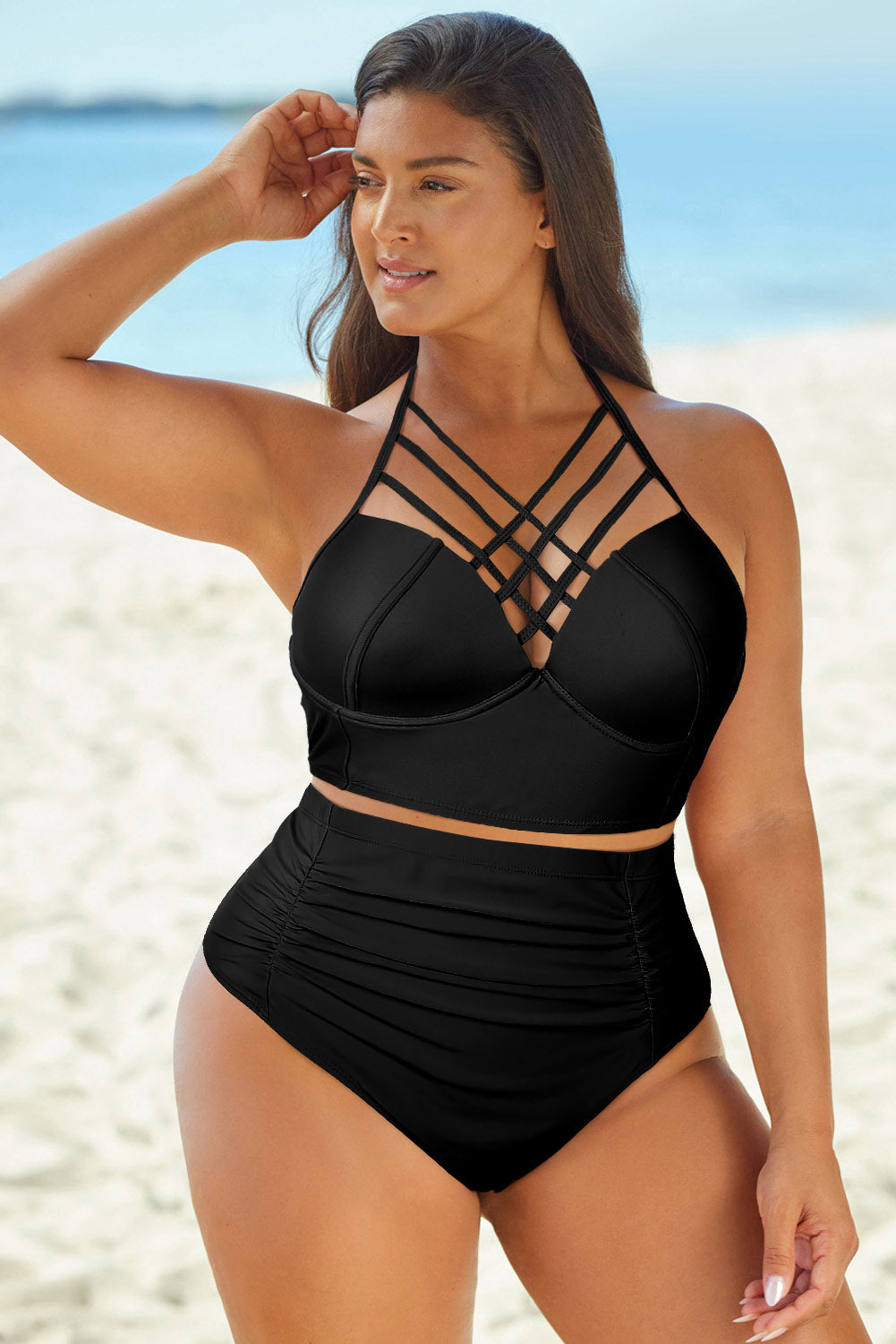 Halter Neck Crisscross Ruched Two-Piece Swimsuit Sunset and Swim Black S 