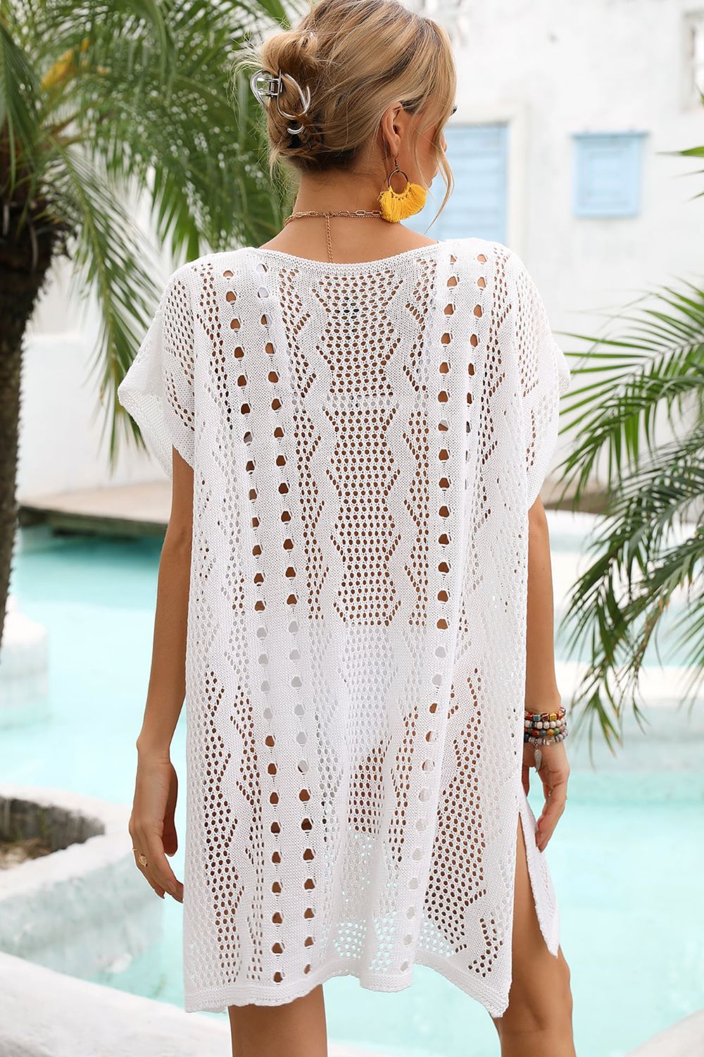 Openwork Plunge Dolman Sleeve Cover-Up Dress  Sunset and Swim   