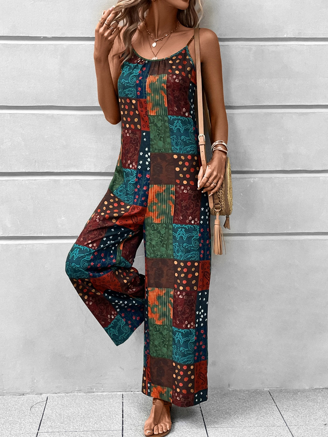 Sunset Vacation  Printed Scoop Neck Spaghetti Strap Jumpsuit Sunset and Swim   