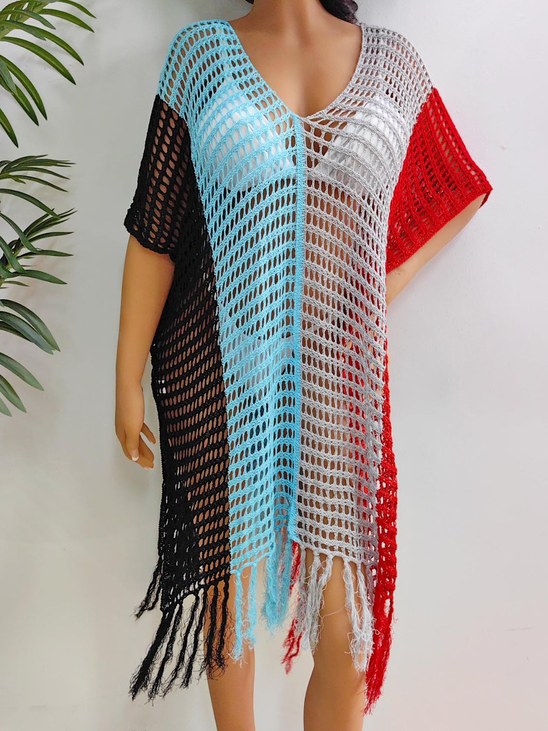 Sunset Vacation  Fringe Color Block Scoop Neck Cover Up  Sunset and Swim Black One Size 