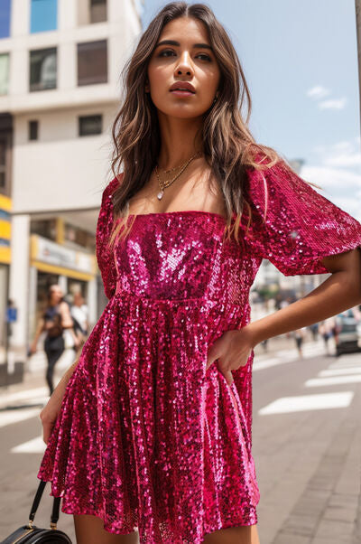 Sequin Square Neck Balloon Sleeve Romper  Sunset and Swim Deep Rose M 