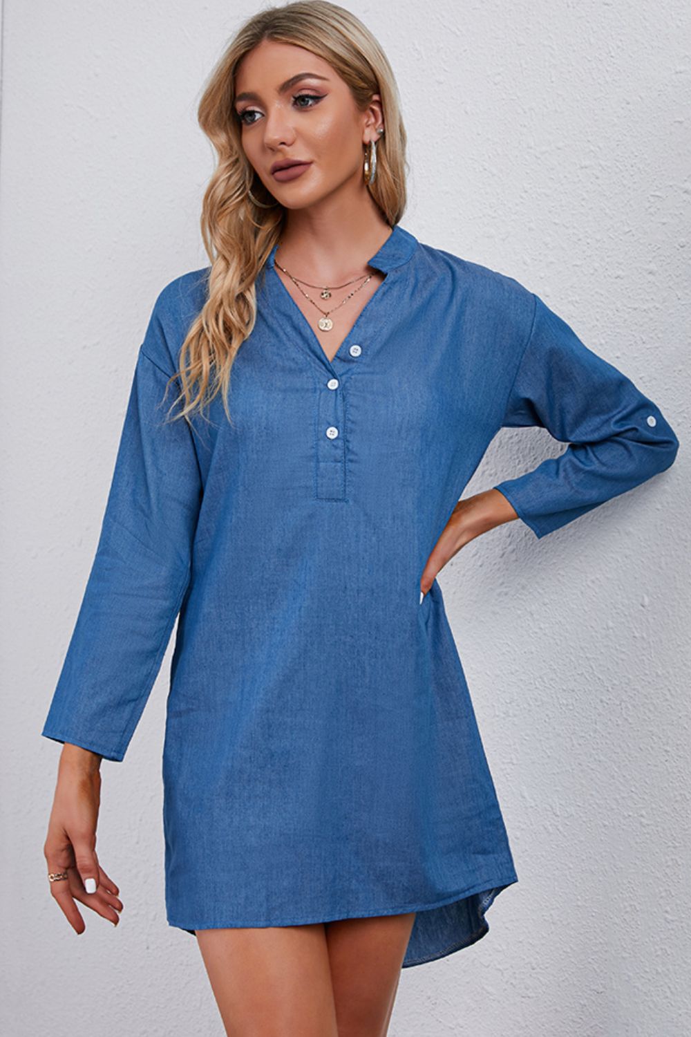 Half-Button Notched Neck High-Low Denim Dress Sunset and Swim Sky Blue One Size 