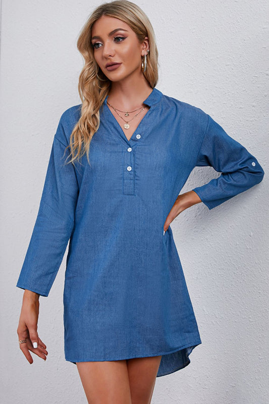 Half-Button Notched Neck High-Low Denim Dress  Sunset and Swim Sky Blue One Size 