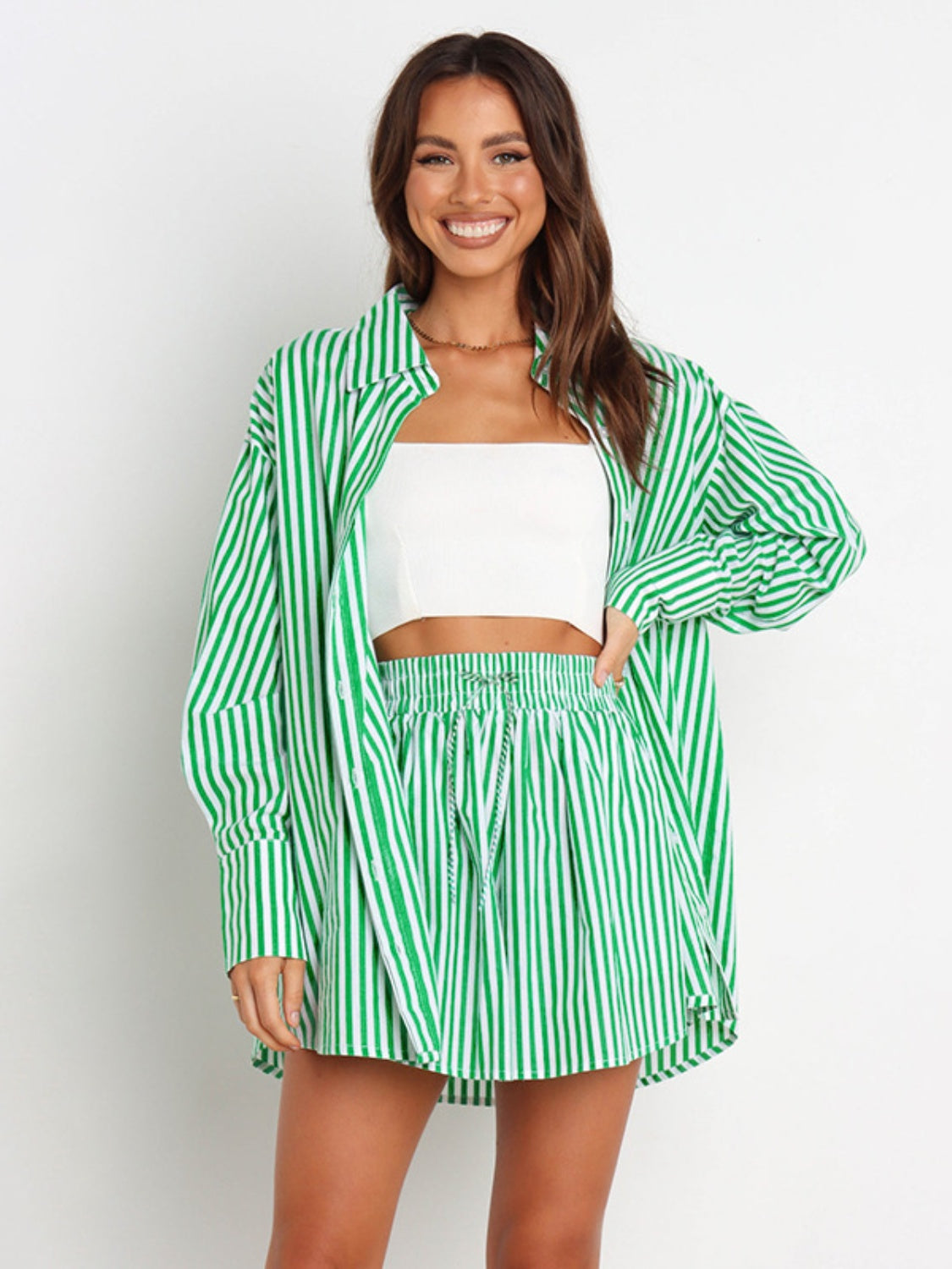 Sunset Vacation  Striped Dropped Shoulder Shirt and Shorts Set Sunset and Swim Mid Green S 