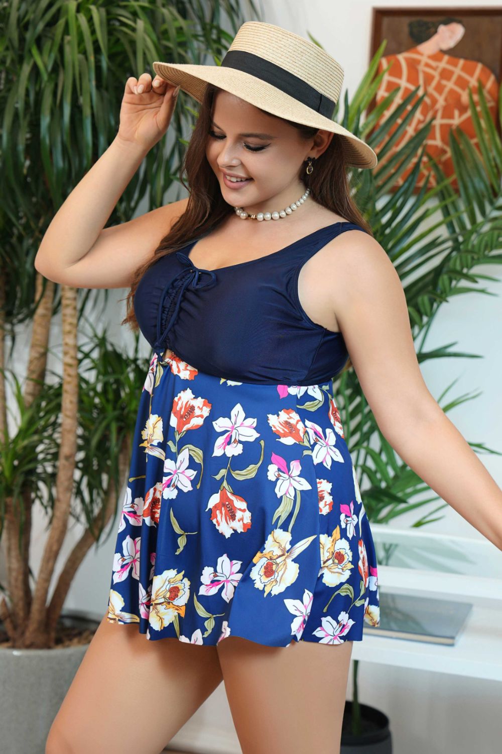 Plus Size Floral Ruched Sleeveless Swim Top Sunset and Swim   