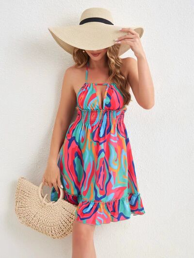 Smocked Printed Halter Neck Mini Dress Sunset and Swim   