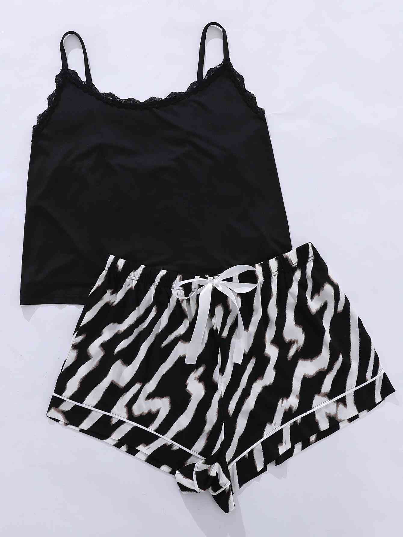 Plus Size Lace Trim Scoop Neck Cami and Printed Shorts Pajama Set  Sunset and Swim Zebra 1XL 