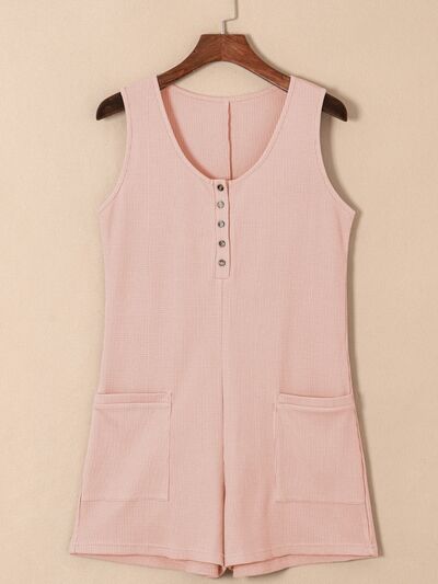 Waffle-Knit Half Button Sleeveless Romper with Pockets Sunset and Swim Blush Pink S 