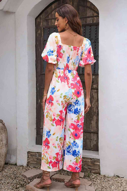 Floral Smocked Square Neck Jumpsuit Sunset and Swim   