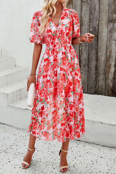 Smocked Printed V-Neck Short Sleeve Dress Sunset and Swim   