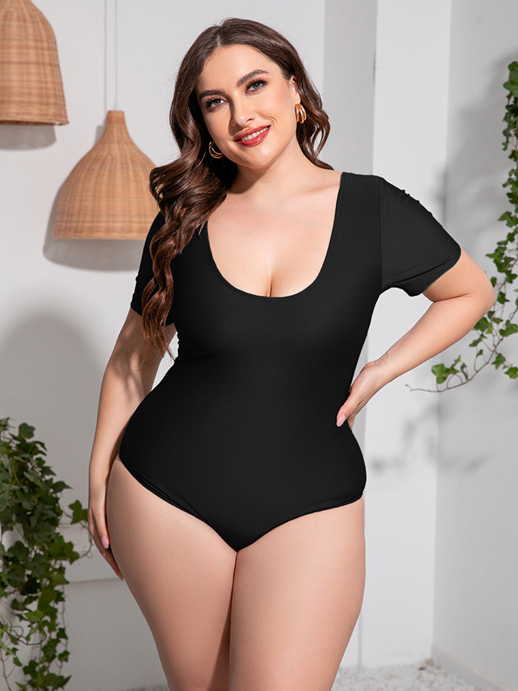 Plus Size Scoop Neck Short Sleeve One-Piece Swimsuit  Sunset and Swim   