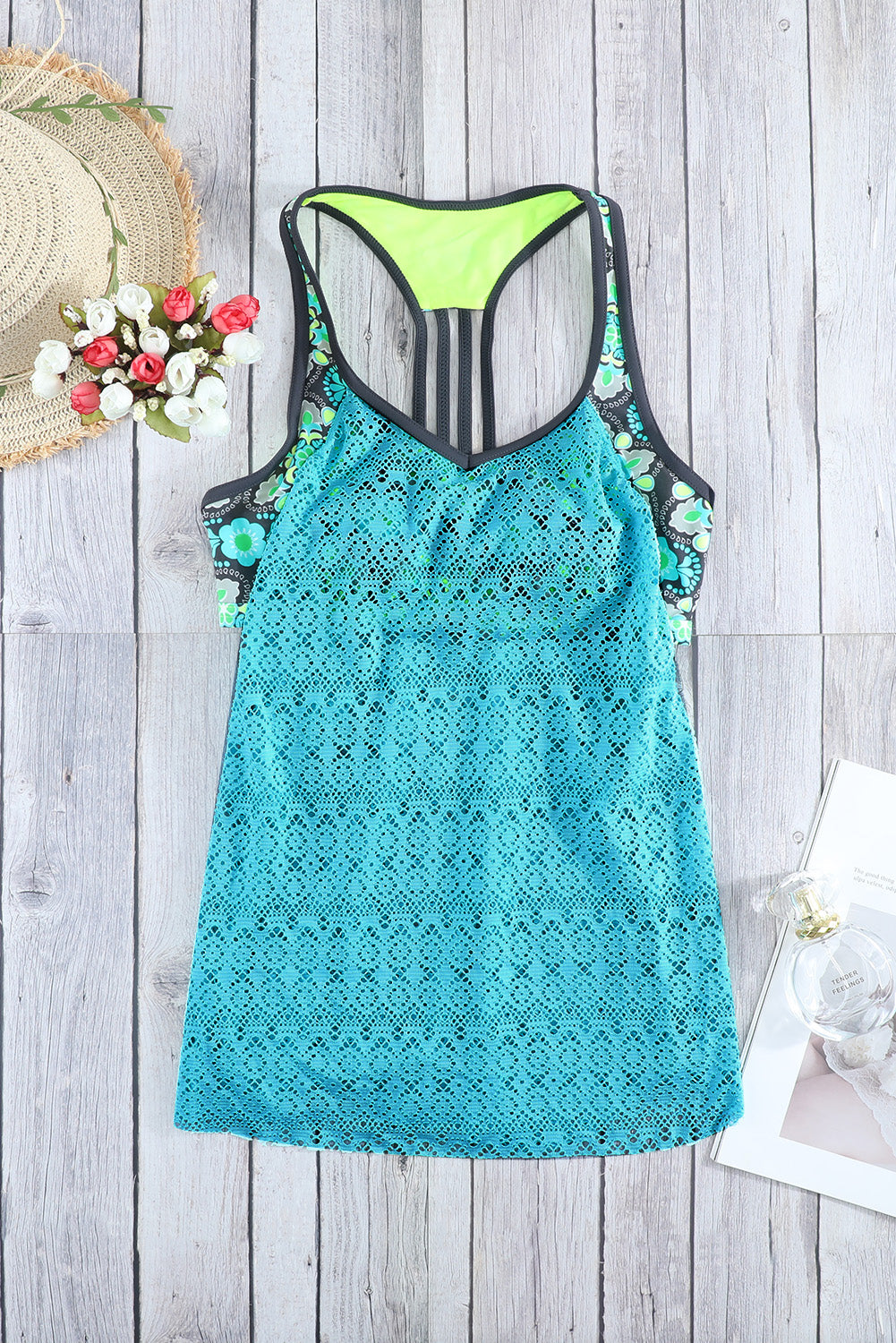 Floral Spliced Lace Tankini Top  Sunset and Swim Green S 