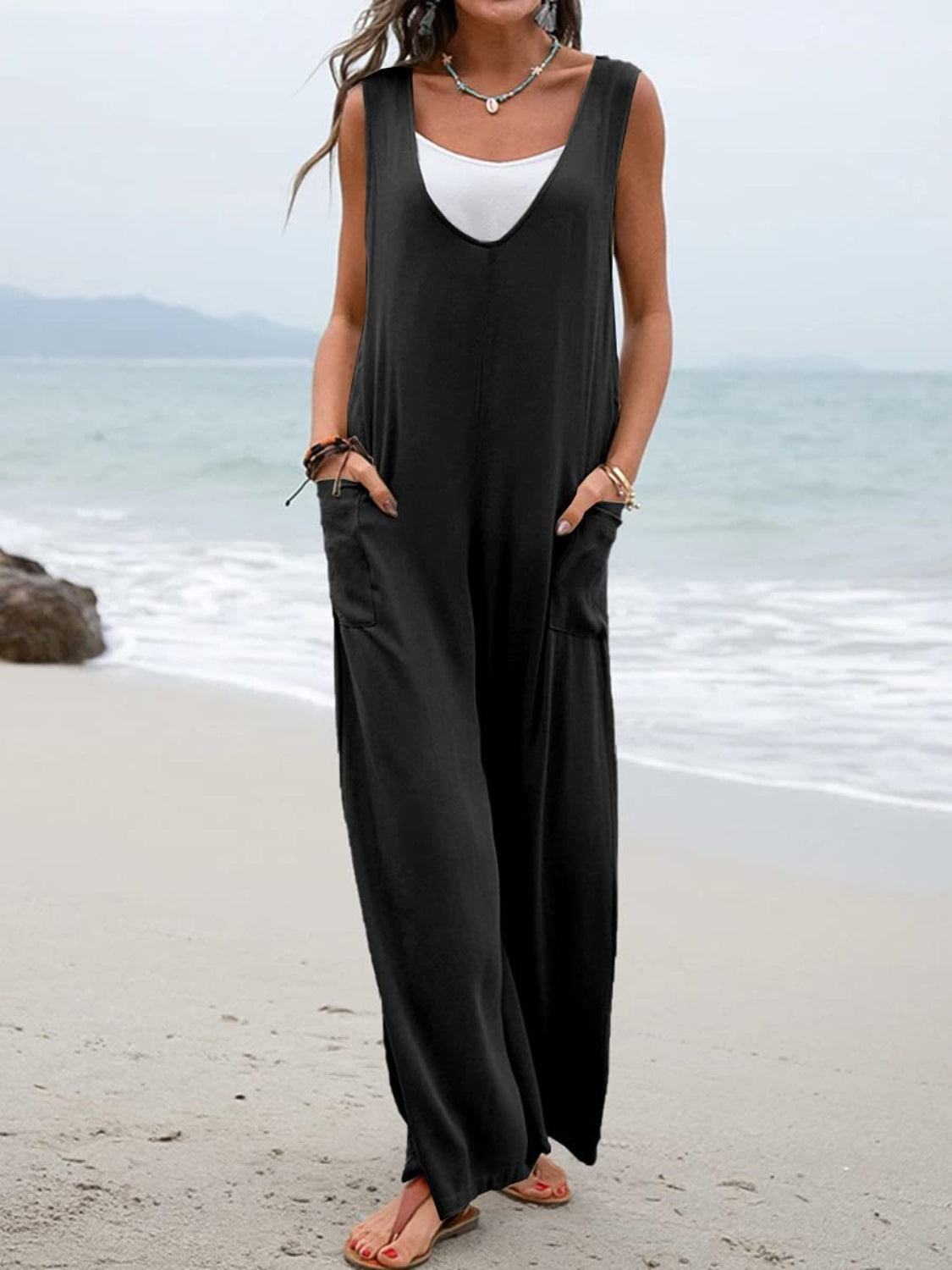 Sunset Vacation  Full Size Wide Strap Jumpsuit with Pockets Sunset and Swim Black S 