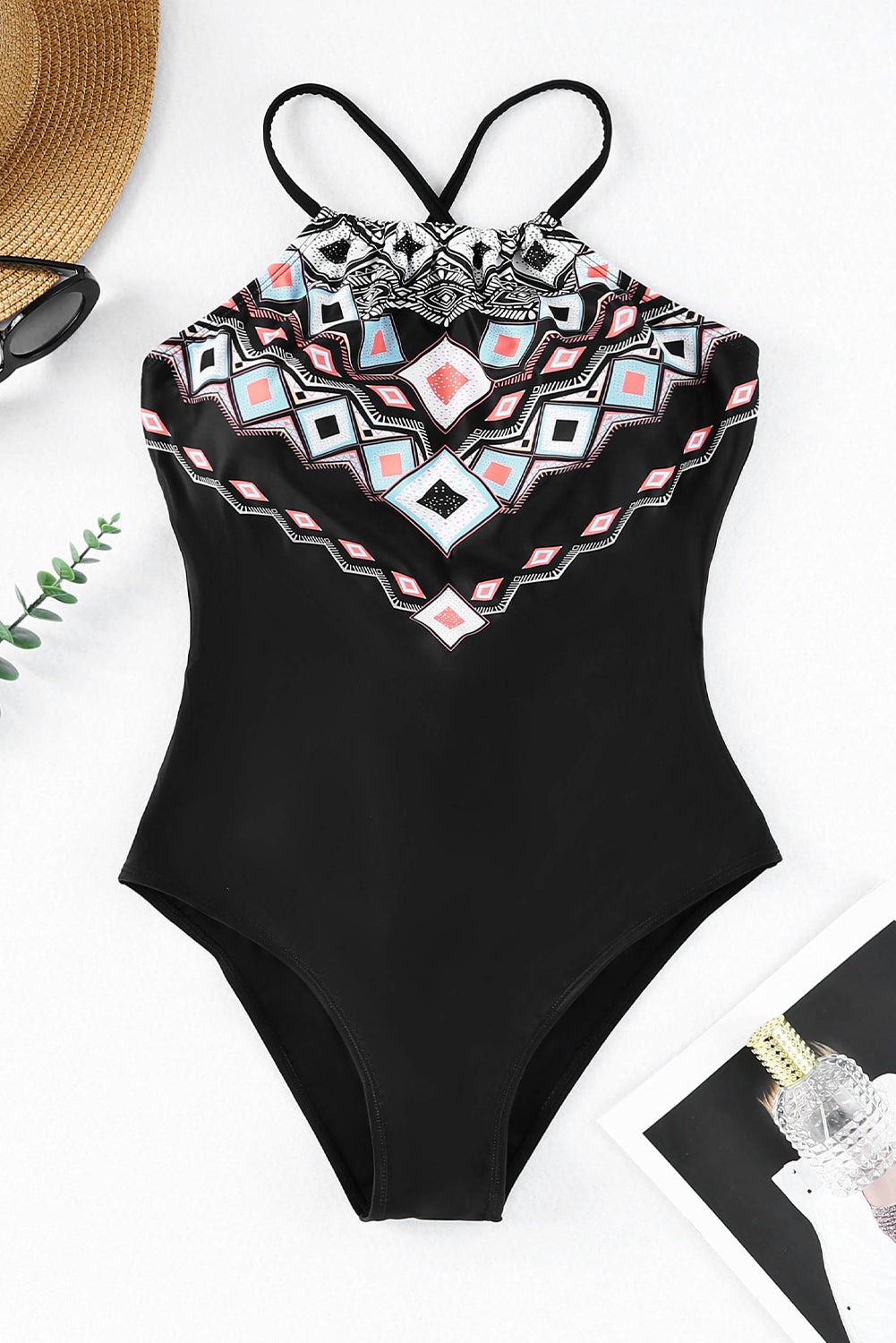 Geometric Print Tie Back One-Piece Swimsuit  Sunset and Swim Black S 