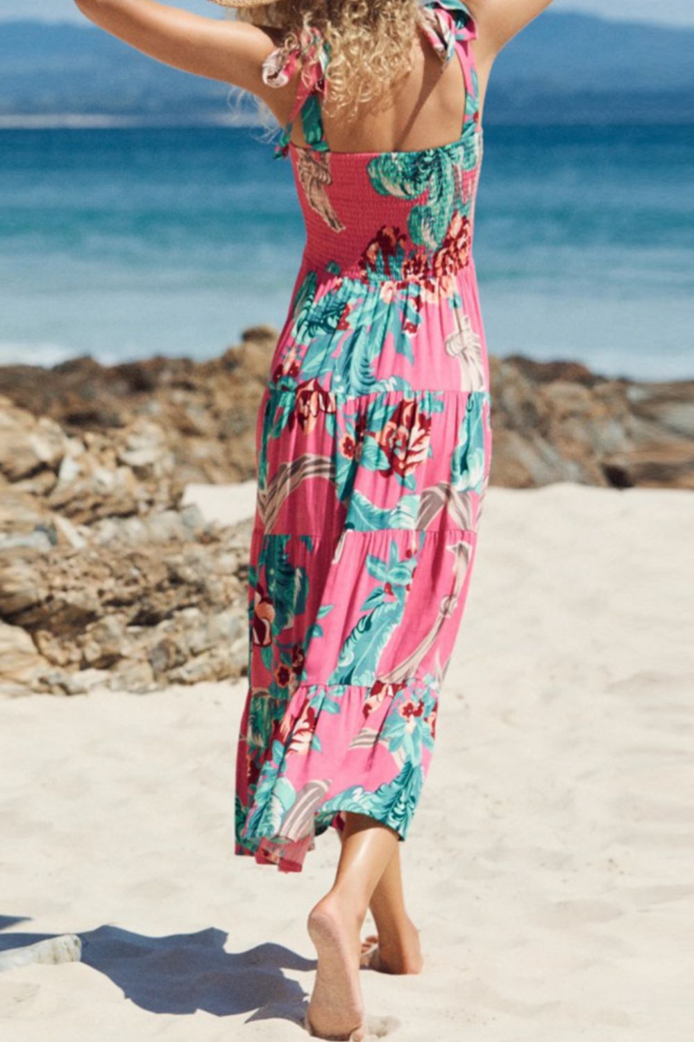 Floral Smocked Tie-Shoulder Tiered Dress Sunset and Swim   