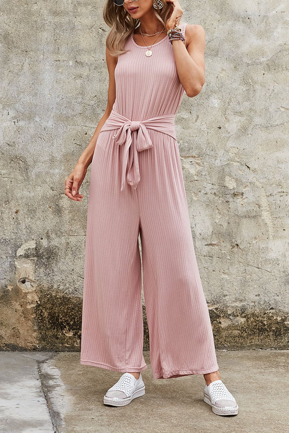Ribbed Scoop Neck Tie Waist Sleeveless Jumpsuit  Sunset and Swim Dusty Pink S 