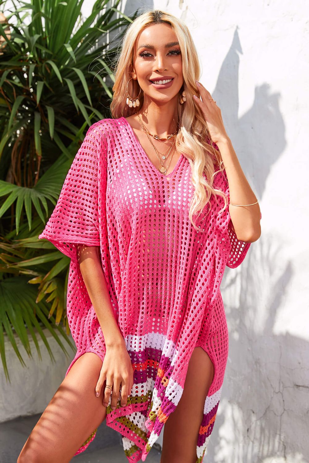 Rainbow Stripe Openwork Slit Cover-Up  Sunset and Swim Rose Pink One Size 