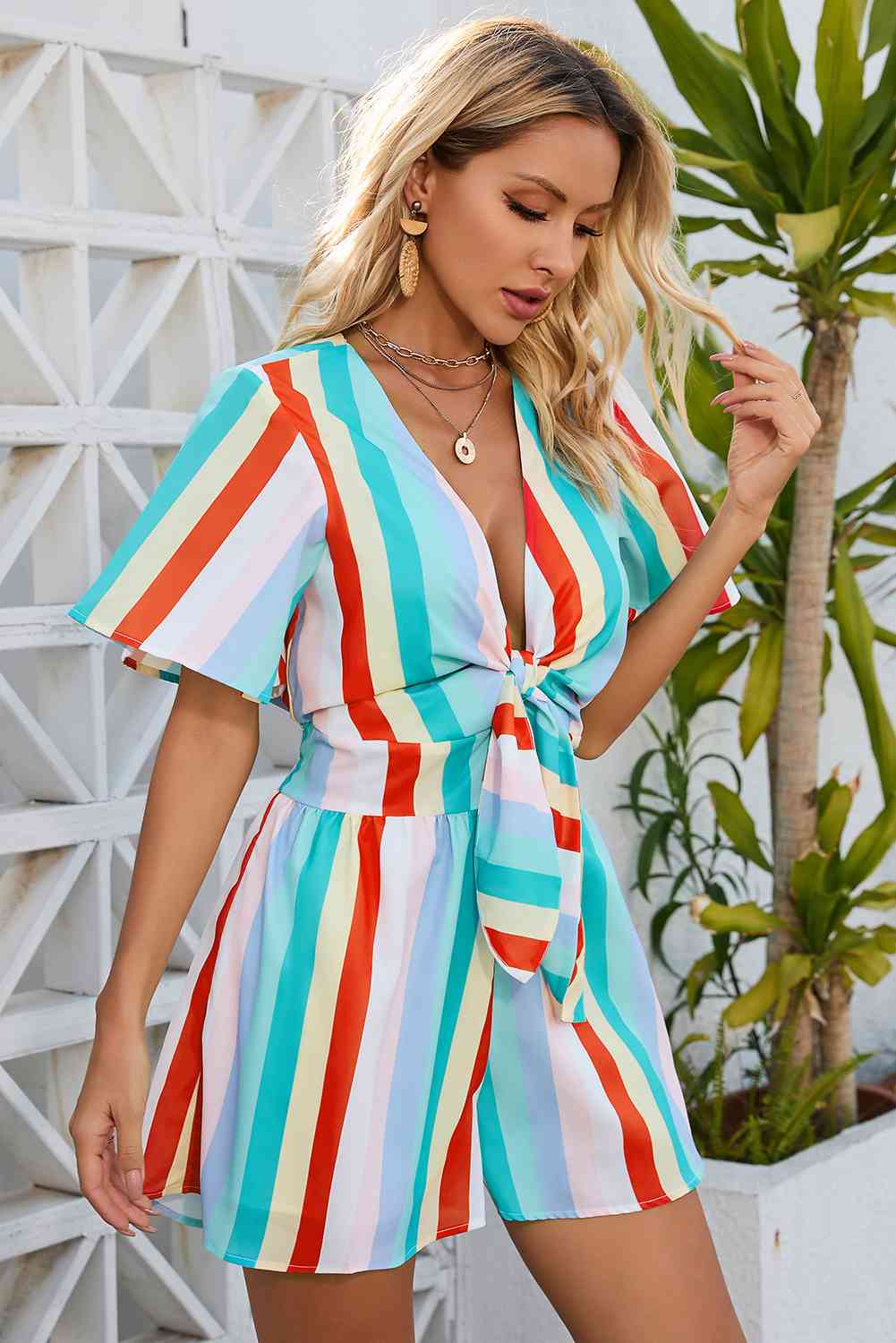 Striped Tie Front Romper Sunset and Swim   