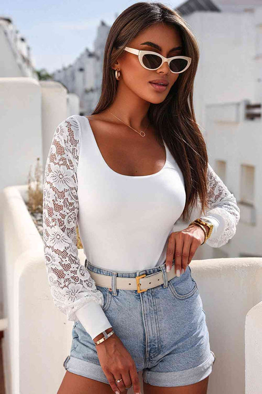 Lace Detail Scoop Neck Long Sleeve Bodysuit  Sunset and Swim White S 