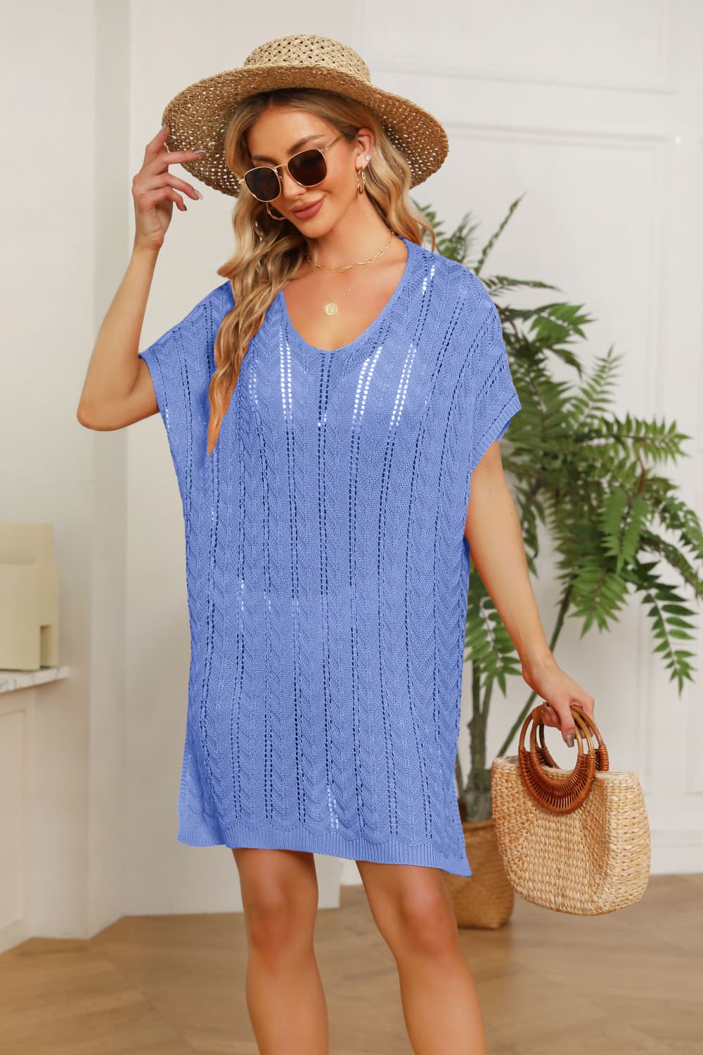 Openwork Side Slit Knit Dress  Sunset and Swim Cobalt Blue One Size 